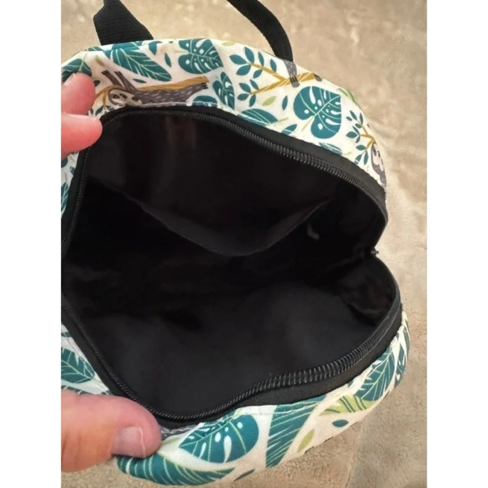 Sloth Tropical Leaf Print Mini Canvas Backpack Green White Adjustable Straps‎